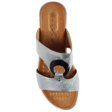 Load image into Gallery viewer, Lunar Manby metallic gold wedge mules with double straps, hoop front, slip-on open-toe design, perfect for stylish summer wear.