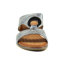 Load image into Gallery viewer, Lunar Manby metallic gold wedge mules with double straps, hoop accents, open toe, slip-on design, and wedge heel.