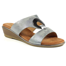 Load image into Gallery viewer, Lunar Manby metallic gold wedge mule with double straps, hoop accents, open toe, slip-on design, and chunky wedge heel