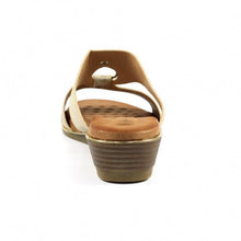Load image into Gallery viewer, Lunar Manby metallic gold wedge mules with double straps, hoop front, open toe, slip-on design, perfect for stylish summer wear.