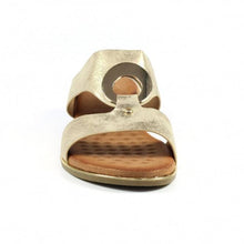 Load image into Gallery viewer, Lunar Manby metallic gold wedge mules with double straps, hoop front, open toe, slip-on design, stylish women's wedges.