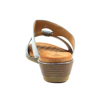 Load image into Gallery viewer, Lunar Manby metallic pewter wedge mules with double straps, hoop front, open toe, and wedge heel on a neutral background.