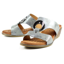 Load image into Gallery viewer, Lunar Manby metallic pewter wedge mule with double straps, hoop front design, open toe, and slip-on style.