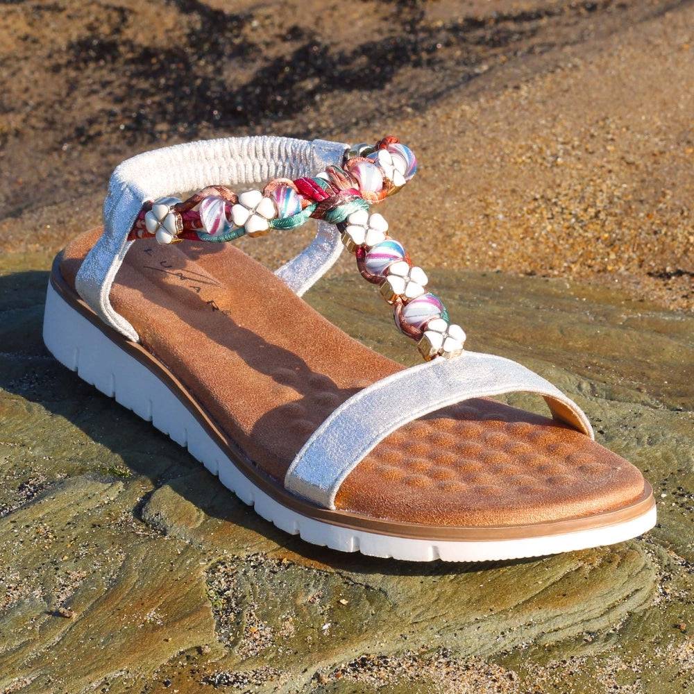 Lunar Women's T-Bar Low Heel Sandals – Faux Leather Slingback With Pearl & Gemstone Detail