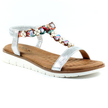 Load image into Gallery viewer, Lunar Tempo silver metallic plaited T-bar open toe sandal with jeweled accents and silver finish, stylish and comfortable footwear.