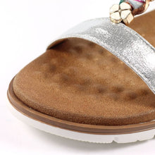 Load image into Gallery viewer, Lunar Tempo silver metallic plaited T-bar open toe sandals with jeweled accents and silver finish, stylish footwear for warm weather.