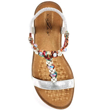 Load image into Gallery viewer, Silver metallic Lunar Tempo T-Bar open toe sandals with plaited straps and jeweled accents, stylish summer footwear for women.