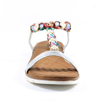 Load image into Gallery viewer, Lunar Tempo silver metallic plaited T-bar open toe sandals with jewelled accents and ankle strap, stylish footwear for warm weather.