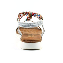 Load image into Gallery viewer, Silver metallic Lunar Tempo T-Bar open toe sandal with plaited design and jeweled accents, stylish and comfortable footwear.