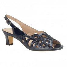 Load image into Gallery viewer, Navy Lotus Marianna Cornelli peep toe kitten heel slingback shoe with detailed embroidery, perfect for occasion wear.