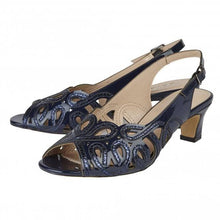 Load image into Gallery viewer, Navy Lotus Marianna Cornelli peep toe kitten heel slingback shoe with detailed embroidery for special occasions.