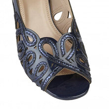 Load image into Gallery viewer, Navy Lotus Marianna Cornelli Peep Toe Kitten Heel Slingback Shoe with detailed embroidery, perfect for special occasions.