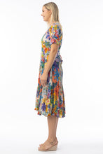 Load image into Gallery viewer, Orientique Aruba print crinkle midi dress with short sleeves and godet panels, featuring vibrant multicolour floral design.