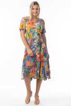 Load image into Gallery viewer, Orientique Aruba print crinkle short sleeve midi dress with godet panels in multicolour, featuring a stylish and comfortable design.
