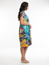 Load image into Gallery viewer, Orientique Boats Multi Colour Printed Cap Sleeve Organic Cotton Jersey Stretch Bubble Dress - Boutique on the Green
