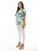 Load image into Gallery viewer, Orientique Frigliani Contemporary Aqua Abstract Print Short Sleeve Woven Top - Boutique on the Green