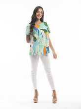 Load image into Gallery viewer, Orientique Frigliani Contemporary Aqua Abstract Print Short Sleeve Woven Top - Boutique on the Green