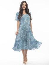 Load image into Gallery viewer, Orientique Kotor Blue & White Tile Print Crinkled Short Sleeve Godet Midi Dress - Boutique on the Green