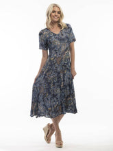 Load image into Gallery viewer, Orientique Lamu Blue Paisley Print Crinkled Short Sleeve Godet Midi Dress - Boutique on the Green