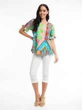 Load image into Gallery viewer, Orientique Zio Turq organic cotton woven top with frill trim and short sleeves, stylish and comfortable woven top for women.