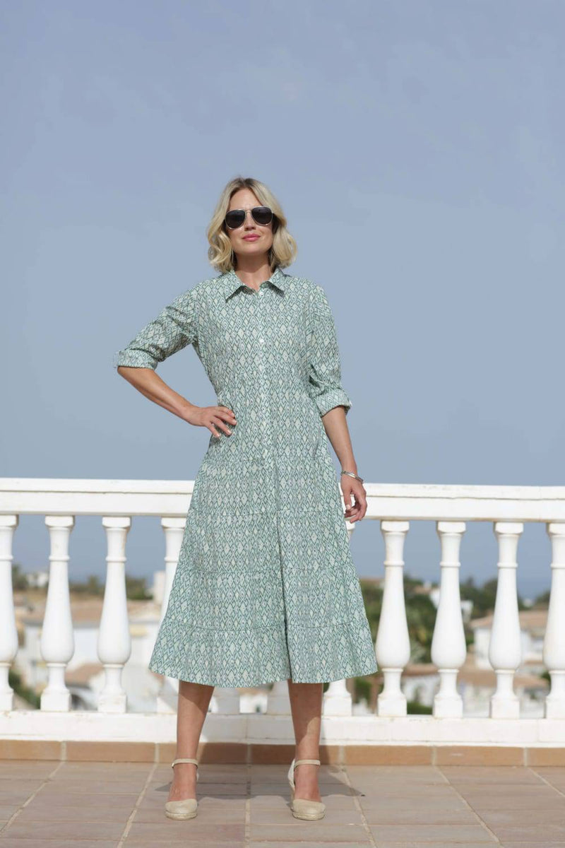 Pomodoro Mint Ikat Print Cotton Button Through Shirt Midi Dress