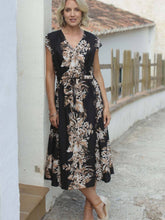 Load image into Gallery viewer, Pomodoro Black Tropical Drawstring Pure Cotton Midi Dress - Boutique on the Green