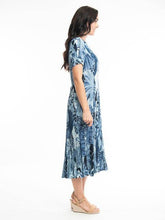 Load image into Gallery viewer, Orientique Agios blue palm print crinkle short sleeve midi dress with godet panels, lightweight and stylish for warm weather.