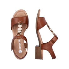 Load image into Gallery viewer, Remonte Brown Leather Decorative T-Bar Velcro Strap Open Toe Block Heel Sandal - Boutique on the Green