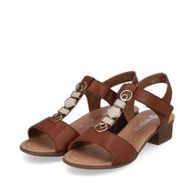 Load image into Gallery viewer, Remonte Brown Leather Decorative T-Bar Velcro Strap Open Toe Block Heel Sandal - Boutique on the Green