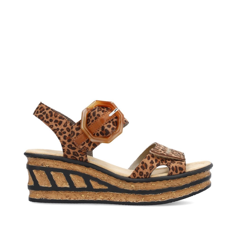 Rieker Animal Print Double Velcro Strap Platform Wedge Sandal With Decorative Buckle