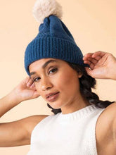 Load image into Gallery viewer, Powder Kintted & Ribbed Ingrid Bobble Hat - Navy & Mist - Boutique on the Green