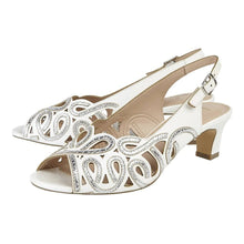 Load image into Gallery viewer, White Lotus Marianna Cornelli peep toe kitten heel slingback shoe with detailed embroidery, perfect for special occasions.