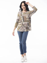 Load image into Gallery viewer, Orientique Zeus Olive Green Mix Jersey 3/4 Sleeve Contemporary Swing Top - Boutique on the Green