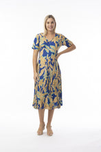 Load image into Gallery viewer, Orientique Playa Brava print crinkle midi dress with short sleeves and godet panels, featuring vibrant tropical-inspired floral design.
