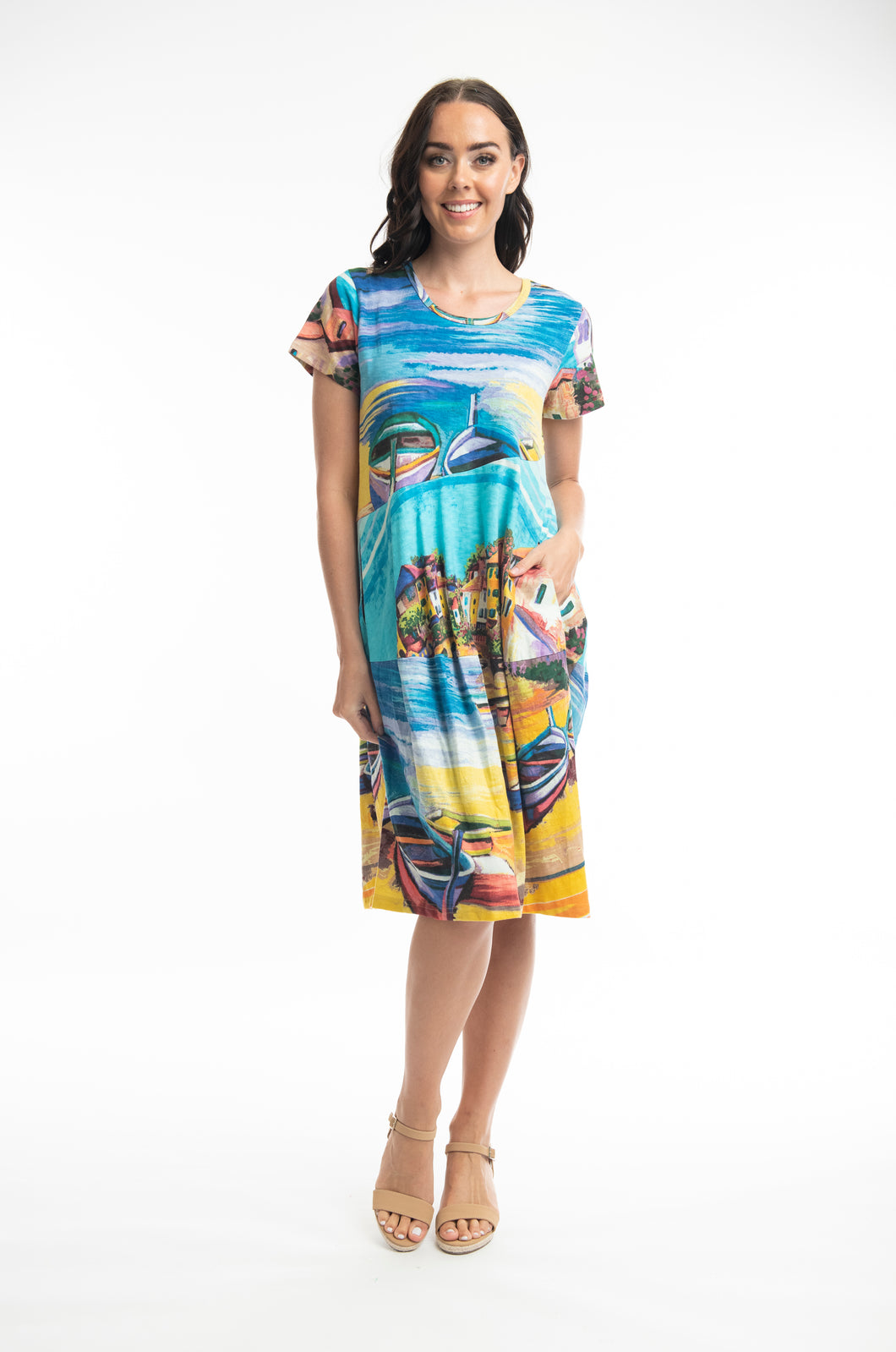 Orientique Boats Multi Colour Printed Cap Sleeve Organic Cotton Jersey Stretch Bubble Dress - Boutique on the Green 