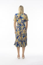 Load image into Gallery viewer, Orientique Playa Brava print crinkle short sleeve midi dress with godet panels, lightweight and stylish for warm weather.
