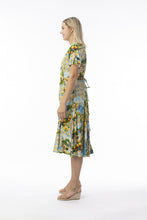 Load image into Gallery viewer, Orientique Amalfi print crinkle short sleeve godet midi dress, lightweight and flowy with vibrant tropical floral pattern.
