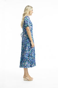 Orientique Cayman Blue Print Crinkle Short Sleeve Godet Midi Dress