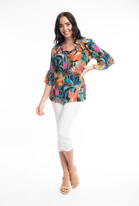 Orientique Paphos Multi Print 3/4 Sleeve Bohemian Style Crinkle Woven Blouse - Boutique on the Green 