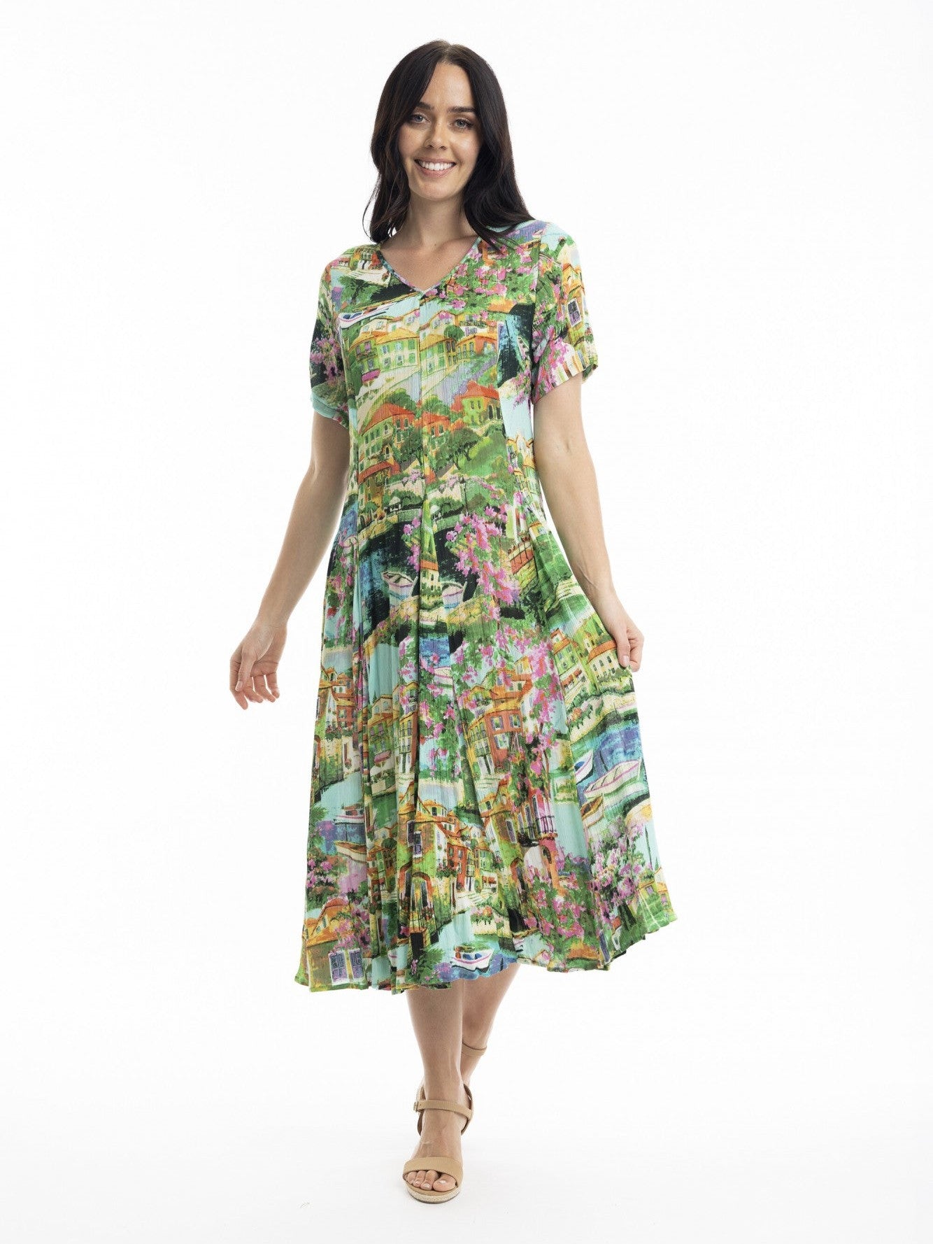 Orientique Bellagio Print Crinkle Short Sleeve Godet Midi Dress