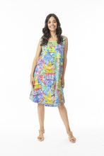 Load image into Gallery viewer, Orientique Okayama printed reversible organic cotton shift dress with vibrant patterns and relaxed fit, front view.
