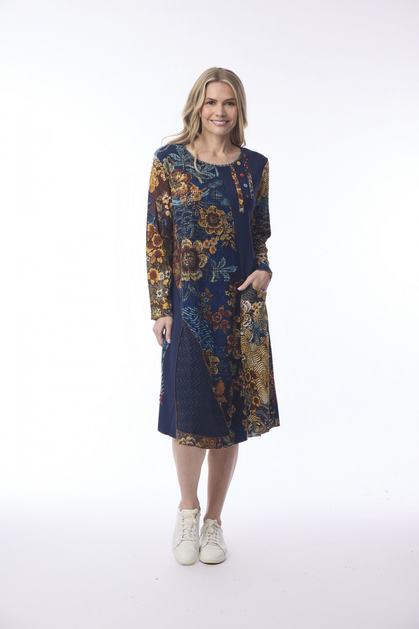Orientique Maluka Navy Patch Jersey Stretch Tunic Dress 21470 showing the relaxed dress trend for 2026