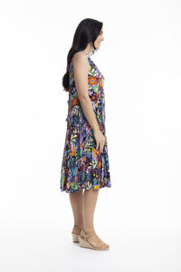 Orientique Grenada Multi Print Crinkle Sleeveless Godet Dress