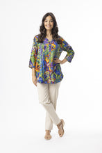 Load image into Gallery viewer, Orientique Zapallar multi-print 3/4 sleeve blouse with front pleat and button-through design, showcasing vibrant fabric and casual style.
