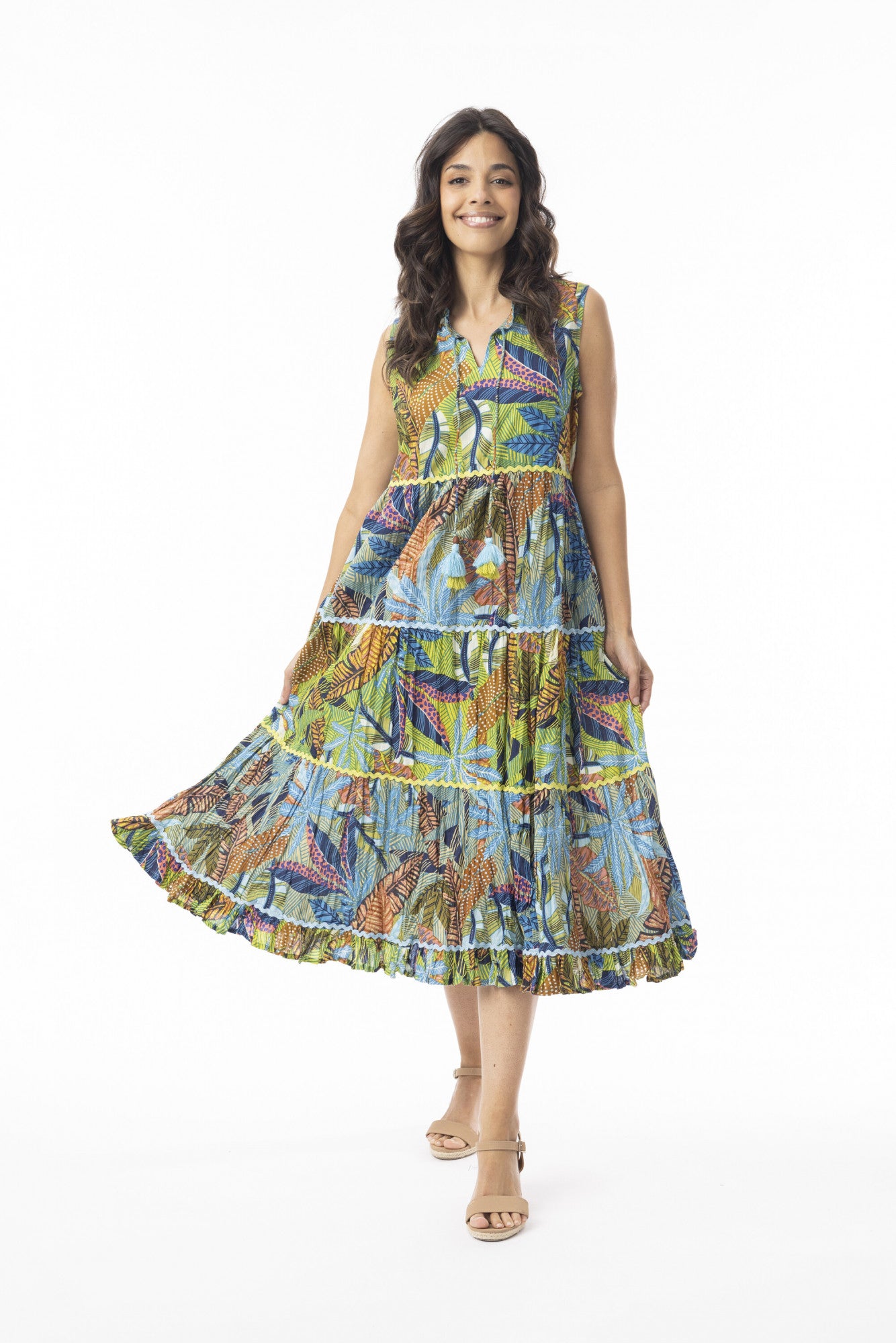 Orientique Tayrona sleeveless tassel tiered organic cotton printed dress (Sol de Playa, SS26)