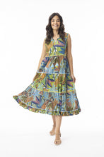 Load image into Gallery viewer, Orientique Tayrona sleeveless organic cotton dress with open neck, tassel details, and tiered print design.
