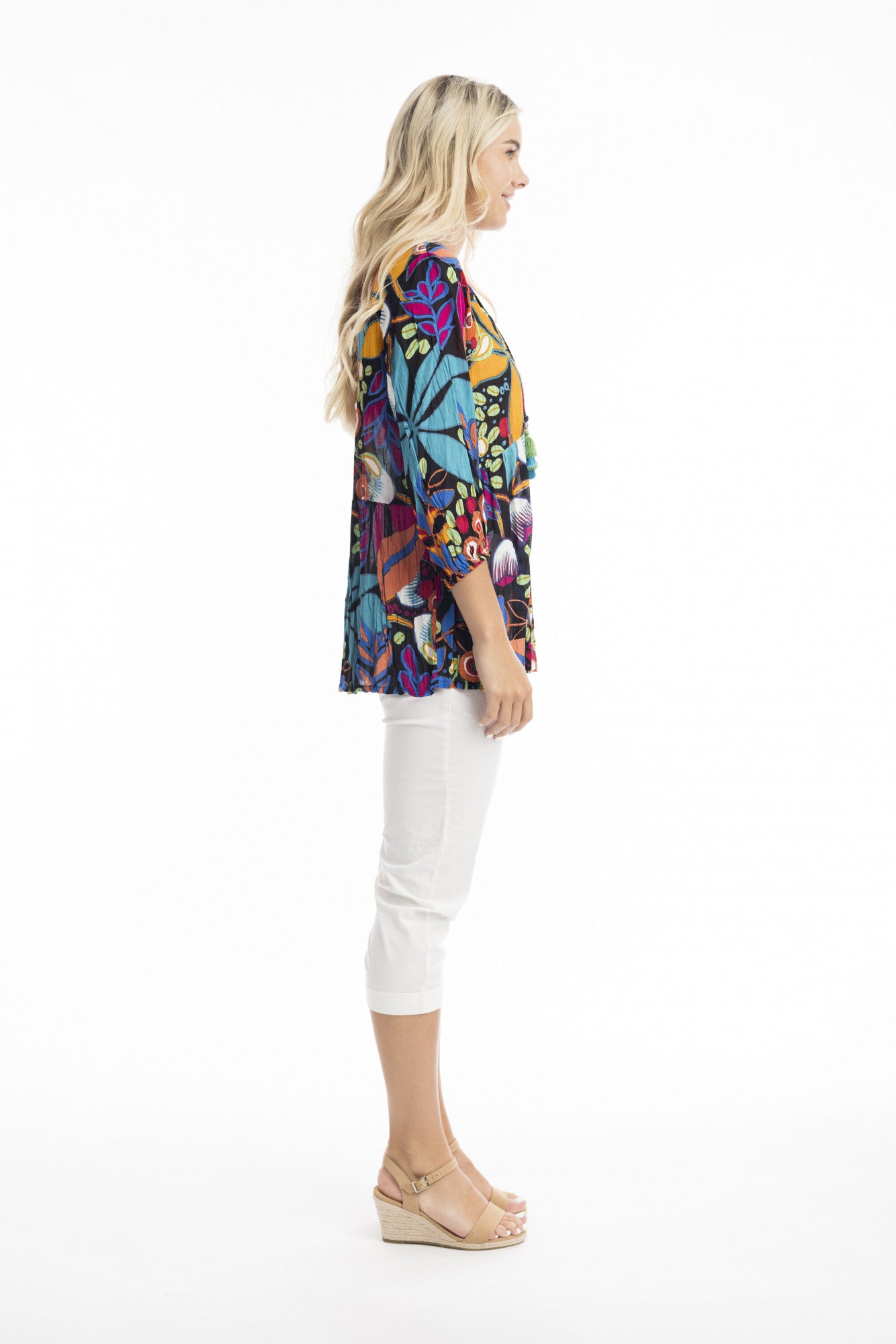 Orientique Copacabana multi print embellished tassel blouse (SS26)