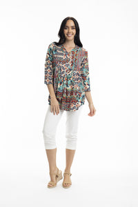 Orientique Rio Multi Print 3/4 Sleeve Front Pleat & Button Through Blouse