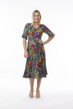 Load image into Gallery viewer, Orientique Zapallar print crinkle short sleeve godet midi dress with flowing fabric and vibrant pattern, perfect for warm weather.
