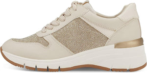Tamaris Ivory & Gold Glitter Lace Up Trainer With Metallic Trim Laces - Boutique on the Green 